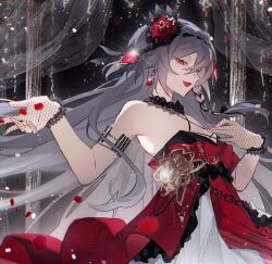 Rule 34 | 1girl, bare shoulders, black choker, breasts, choker, cleavage, dress, eyeliner, fang, flower, fu hua, fu hua (herrscher of sentience), fu hua (turn up the music!) (herrscher of sentience), grey hair, hair between eyes, hair flower, hair ornament, halterneck, hands up, haruka (rsyaooooo), highres, honkai (series), honkai impact 3rd, jewelry, long hair, looking at viewer, makeup, multicolored hair, official alternate costume, open mouth, red dress, red eyeliner, red eyes, red flower, red rose, rose, sleeveless, sleeveless dress, small breasts, solo, streaked hair, transparent curtains, white hair, yellow pupils