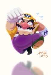 Rule 34 | 1boy, big nose, black eyes, brown hair, buttons, cabbie hat, clenched hands, commentary request, crazy eyes, facial hair, flying sweatdrops, gloves, green footwear, hat, heterochromia, highres, letter, mario (series), muscular, muscular male, mustache, nintendo, overalls, pointy footwear, purple overalls, red eyes, reflective floor, running, shirt, shoes, short hair, short sleeves, signature, sweatdrop, thick eyebrows, wario, white background, white gloves, wide-eyed, yamato koara, yellow hat, yellow shirt