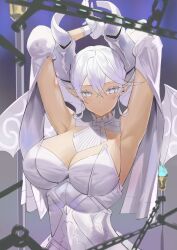 Rule 34 | 1girl, breasts, cleavage, demon girl, demon horns, demon wings, dress, duel monster, gloves, grey eyes, highres, horns, large breasts, looking at viewer, lovely labrynth of the silver castle, low wings, pointy ears, sayaka ikku, smile, solo, twintails, unfinished, white hair, white horns, wings, yu-gi-oh!