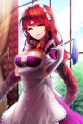 Rule 34 | 1girl, aile (crossroads), alternate costume, apron, bow, braid, duster, feather duster, frills, gloves, holding, long hair, lowres, maid, maid apron, maid headdress, mother demon (sword girls), orange eyes, red hair, ribbon, smile, solo, striped, swept bangs, sword girls, very long hair