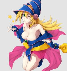Rule 34 | 1girl, bare shoulders, blonde hair, blush, blush stickers, boots, breasts, choker, cleavage, dark magician girl, duel monster, fingerless gloves, gloves, green eyes, hat, highres, large breasts, minami machi, solo, staff, wizard hat, yu-gi-oh!, yu-gi-oh! duel monsters