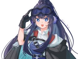 Rule 34 | 1girl, :d, arknights, arm up, astgenne (arknights), black gloves, blue dress, blue eyes, blue hair, commentary request, dress, gloves, goggles, goggles on head, hand on goggles, highres, lierenfelon, long hair, open mouth, ponytail, shirt, simple background, smile, solo, twitter username, upper body, very long hair, white background, white shirt
