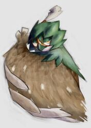 Rule 34 | closed mouth, commentary request, creatures (company), decidueye, full body, game freak, gen 7 pokemon, grey background, half-closed eyes, hand up, highres, looking at viewer, nintendo, pkpokopoko3, pokemon, pokemon (creature), red pupils, solo, yellow eyes