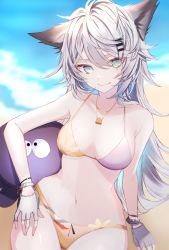 Rule 34 | 1girl, alternate costume, animal ears, arknights, bare shoulders, bikini, breasts, fingerless gloves, gloves, grey eyes, highres, hk nnm, jewelry, lappland (arknights), long hair, necklace, silver hair, smile, solo, swimsuit, wolf ears, wolf girl