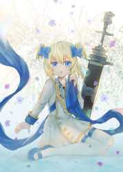 Rule 34 | 1girl, :o, abstract background, aged down, anchor necklace, azur lane, bad id, bad pixiv id, blonde hair, blue eyes, blue footwear, blue ribbon, bow, child, coat dress, collarbone, collared dress, commentary request, dress, flower, full body, gold trim, hair between eyes, hair bow, hand up, holding, holding ribbon, jewelry, little renown (azur lane), loafers, long sleeves, looking at viewer, necklace, open mouth, planted, ribbon, shiromine kana, shoes, short hair, sidelocks, signature, sitting, solo, thighhighs, two side up, wariza, weapon, white background, white dress, white thighhighs, zettai ryouiki