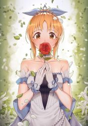 Rule 34 | 1girl, abe nana, absurdres, bare shoulders, blue bow, blue ribbon, blush, bow, breasts, brown eyes, collarbone, commentary request, covered mouth, dress, eyebrows hidden by hair, flower, frilled dress, frills, gloves, goback, hair ribbon, hands up, highres, holding, holding flower, idolmaster, idolmaster cinderella girls, orange hair, parted bangs, petals, red flower, red rose, ribbon, rose, small breasts, solo, starry sky bright (idolmaster), strapless, strapless dress, tiara, white dress, white flower, white gloves