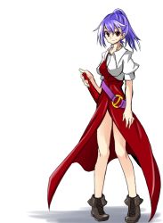 Rule 34 | 1girl, bad id, bad pixiv id, belt, blouse, blue hair, boots, breasts, cross-laced footwear, dress, full body, hand on hilt, long hair, looking at viewer, ponytail, red eyes, shadow, shinmon akika, shirt, simple background, smile, solo, standing, sword, touhou, watatsuki no yorihime, weapon, white background