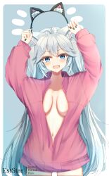 Rule 34 | 1girl, :d, animal ear fluff, animal ears, arms up, aties20, black hairband, blue eyes, blush, breasts, cat ears, collarbone, commentary request, cowboy shot, fake animal ears, fang, grey background, grey hair, hairband, holding, jacket, long hair, long sleeves, medium breasts, naked jacket, navel, open mouth, pink jacket, puffy long sleeves, puffy sleeves, smile, solo, standing, twintails, two-tone background, v-shaped eyebrows, vei (vtuber), vei (vtuber) (1st costume), very long hair, virtual youtuber, vshojo, white background
