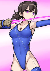 Rule 34 | 1girl, alternate eye color, black hair, blue gloves, blue leotard, blue one-piece swimsuit, blue thighhighs, breasts, cleavage, commentary request, corruption, cowboy shot, dark persona, elbow gloves, empty eyes, gloves, gluteal fold, gradient background, hai (h81908190), highleg, highleg leotard, highleg swimsuit, kaga (kancolle), kantai collection, leotard, long hair, medium breasts, mind control, one-piece swimsuit, partially fingerless gloves, partly fingerless gloves, pink background, purple eyes, side ponytail, solo, standing, swimsuit, thighhighs, white background, yugake