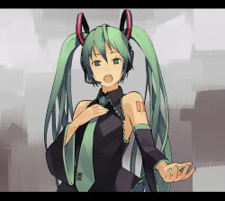 Rule 34 | 1girl, aqua eyes, aqua hair, detached sleeves, green eyes, green hair, hand on own chest, hatsune miku, headphones, headset, letterboxed, long hair, matching hair/eyes, music, necktie, open mouth, shihou (g-o-s), singing, solo, twintails, vocaloid