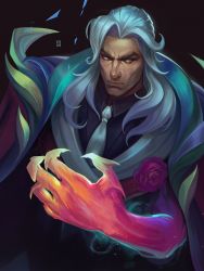 Rule 34 | 1boy, absurdres, alternate costume, artist logo, artist name, coat, crystal rose swain, feet out of frame, flower, frown, highres, league of legends, lizzart-zardonicz, long hair, male focus, mature male, necktie, rose, shirt, signature, simple background, solo, swain (league of legends), upper body, white eyes, white hair