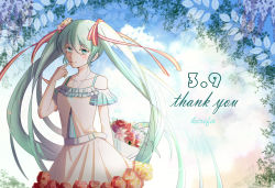 Rule 34 | 1girl, aqua eyes, aqua hair, artist request, bare shoulders, black flower, black rose, blue eyes, blue hair, blurry, blush, bow, breasts, brown bow, cleavage, collarbone, depth of field, dress, female focus, flower, hair between eyes, hair flower, hair ornament, hatsune miku, highres, holding, kirifa, long hair, looking at viewer, medium breasts, off-shoulder dress, off shoulder, pink flower, pink rose, railing, rose, shirt, smile, solo, twintails, very long hair, vocaloid, white dress, white flower, white shirt