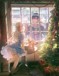 Rule 34 | 1boy, 1girl, :d, blue dress, boots, brown footwear, brown hair, christmas, christmas tree, dress, gift, green jacket, hair ribbon, indoors, jacket, kagerou project, kozakura marry, leaning forward, leaning on object, leclle, leg up, long hair, looking at another, open mouth, red eyes, red ribbon, ribbon, ribbon-trimmed dress, scarf, seto kousuke, short sleeves, silver hair, smile, table, white scarf, window, yellow eyes