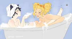 Rule 34 | 2girls, alternate hairstyle, animal ear fluff, animal ears, artist name, barefoot, bath, bathing, bathtub, belt buckle, black hair, blake belladonna, blonde hair, blush, breasts, blowing bubbles, buckle, bumblebee (insect), cat ears, cleavage, closed eyes, commentary, completely nude, english commentary, from side, highres, long hair, medium breasts, multiple girls, nude, open mouth, orange scrunchie, partially submerged, purple background, rwby, scrunchie, short hair, short twintails, smile, towel, towel on head, twintails, water, yang xiao long, yaya (y8ay8a), yellow eyes