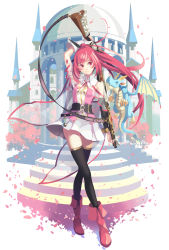 Rule 34 | 1girl, belt, black thighhighs, bolt action, building, castle, crossed legs, dragon, drake (tokitowa), floating hair, full body, gloves, gun, highres, long hair, looking at viewer, official art, petals, pink eyes, pink hair, ponytail, red eyes, red hair, rifle, shoes, skirt, smile, solo, stairs, standing, temple, thighhighs, toki (tokitowa), toki to eien toki towa, vofan, weapon, wind, zettai ryouiki
