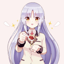 Rule 34 | 1girl, :d, angel beats!, blush, commentary request, eyes visible through hair, fingernails, food, hair between eyes, hands up, happy, highres, holding, holding spoon, incoming food, jacket, long hair, long sleeves, looking at viewer, mapo tofu, neck ribbon, open mouth, pink background, pov, ribbon, school uniform, shira 461, sidelocks, simple background, smile, solo, sparkle, spoon, straight-on, straight hair, tenshi (angel beats!), tsurime, upper body, very long hair, white hair, yellow eyes, yellow jacket, yellow ribbon