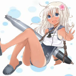 Rule 34 | 10s, 1girl, blonde hair, blue eyes, hair ornament, kantai collection, long hair, maria (maria0304), ro-500 (kancolle), smile, swimsuit, swimsuit under clothes, tan, torpedo, v