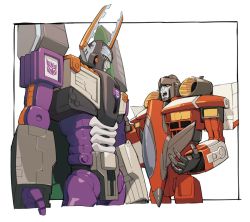 Rule 34 | black border, border, expressionless, looking down, looking up, mecha, megatron, open mouth, orange eyes, robot, science fiction, shoulder cannon, starscream, transformers, transformers armada, transformers unicron trilogy, vetania, white background, wings