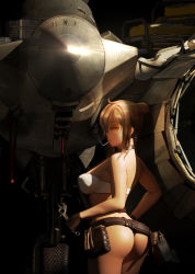Rule 34 | 1girl, aircraft, airplane, ass, belt, black gloves, breasts, brown hair, cigarette, from behind, gloves, looking at viewer, maocha, original, profile, smoke, smoking, solo, strapless, tube top, wheel, white tube top, wide shot, wrench