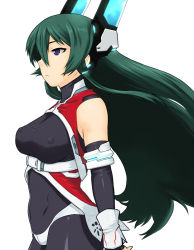 Rule 34 | 1girl, bare shoulders, blue eyes, bodysuit, borrowed character, breasts, covered erect nipples, elbow gloves, fingerless gloves, gloves, green hair, long hair, menou kaname (taishi), original, robot ears, simple background, solo, taut clothes, tsukudani (coke-buta), very long hair, white background, wings
