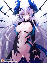 Rule 34 | 1girl, blue eyes, breasts, cowboy shot, crotchless, cum, cum in pussy, cumdrip, demon girl, elsword, fingernails, gluteal fold, grin, hair between eyes, half-closed eyes, horns, iblis (elsword), large breasts, long hair, looking at viewer, luciela r. sourcream, multiple horns, navel, nipples, parted lips, patreon logo, pointy ears, revealing clothes, shaded face, sharp fingernails, smile, solo, standing, tail, uncensored, waero, white hair