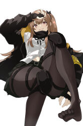 Rule 34 | 1girl, 404 logo (girls&#039; frontline), :3, armband, black gloves, black jacket, black pantyhose, black ribbon, black skirt, breasts, brown hair, closed mouth, commentary, english commentary, feet, fingerless gloves, foot out of frame, from below, girls&#039; frontline, gloves, hair between eyes, hair ornament, hair ribbon, hairclip, hand on own forehead, highres, jacket, knee pads, knee up, legs, light blush, long hair, looking at viewer, medium breasts, midriff peek, mutugorou u, navel, neck ribbon, no shoes, open hand, pantyhose, pleated skirt, red eyes, ribbon, scar, scar across eye, scar on face, shirt, simple background, skirt, smile, solo, toes, twintails, ump9 (girls&#039; frontline), white background, white shirt, yellow armband