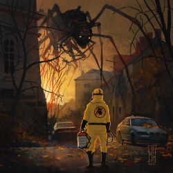 Rule 34 | 1boy, artist name, autumn leaves, bare tree, black footwear, black gloves, boots, boris groh, bottle, bug, building, car, commentary, creature, dated, english commentary, extra eyes, full body, gas mask, gloves, hazmat suit, highres, holding, hose, house, insecticide, mask, monster, motor vehicle, orange sky, original, outdoors, railing, road, rubber boots, rubber gloves, sky, spider, spray bottle, standing, sunset, tree, watermark
