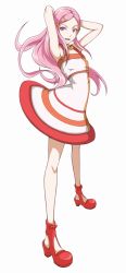 Rule 34 | 1girl, anemone (eureka seven), arms up, dress, eureka seven, eureka seven (series), full body, hair ornament, hairclip, ina (gokihoihoi), legs, long hair, long legs, pink eyes, pink hair, shoes, simple background, solo, standing
