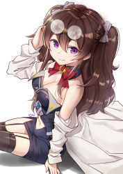 Rule 34 | 1girl, absurdres, arm support, bad id, bad pixiv id, bare shoulders, black collar, black thighhighs, blue skirt, bow, breasts, brown hair, cleavage, closed mouth, clothing cutout, collar, commentary, detached collar, eyewear on head, garter straps, glasses, goyain, grey bow, hair between eyes, hair bow, hand up, highres, lab coat, long hair, long sleeves, medium breasts, navel, navel cutout, off shoulder, open clothes, original, purple eyes, red bow, resolution mismatch, round eyewear, shadow, sitting, skirt, smile, solo, source smaller, thighhighs, two side up, very long hair, white background