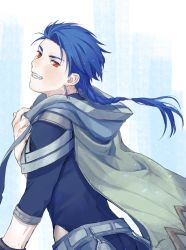 Rule 34 | 1boy, belt, blue hair, blush, bodysuit, bodysuit under clothes, braid, braided ponytail, cape, child, closed mouth, cu chulainn (fate), earrings, fang, fate/grand order, fate/grand order arcade, fate (series), floating hair, from behind, grin, highres, hood, hood down, hooded cape, inamugi, jewelry, long hair, male focus, ponytail, red eyes, setanta (fate), slit pupils, smile, solo, spiked hair