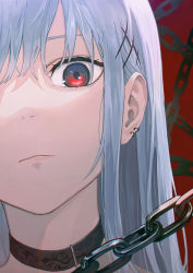 Rule 34 | 1girl, absurdres, bdsm, black collar, chain, closed mouth, collar, earrings, hair between eyes, hair ornament, highres, jewelry, leash, long hair, looking at viewer, original, portrait, red background, red eyes, shichi (ratorin53), silver hair, slave, solo