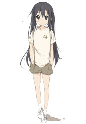 Rule 34 | 1girl, black eyes, black hair, core (mayomayo), hands in pockets, k-on!, long hair, nakano azusa, shirt, shoes, shorts, sneakers, socks, standing, suspenders, t-shirt, twintails