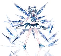 Rule 34 | 1girl, blue bow, blue footwear, blue ribbon, blue skirt, blue vest, bow, cirno, full body, hair bow, hair ribbon, highres, ice, ice wings, ikurauni, midriff, navel, outstretched arms, puffy short sleeves, puffy sleeves, reflection, reflective floor, ribbon, serious, shoes, short hair, short sleeves, grey eyes, silver hair, skirt, solo, spread arms, touhou, wings