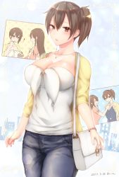 Rule 34 | !, 10s, 2017, :d, ^ ^, akagi (kancolle), bag, bracelet, breasts, brown eyes, brown hair, casual, cleavage, closed eyes, contemporary, dated, denim, closed eyes, food, hair between eyes, handbag, highres, ice cream, jeans, jewelry, kaga (kancolle), kantai collection, large breasts, long hair, necklace, open mouth, pants, sakiryo kanna, short sidetail, smile, sundae