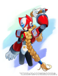 Rule 34 | 1boy, absurdres, alternate hairstyle, arm up, armor, blue eyes, braid, braided ponytail, buzzsaw (6631455), chest jewel, commentary, commission, forehead jewel, highres, holding, holding weapon, long hair, looking at viewer, mega man (series), mega man x (series), red armor, red helmet, shoulder armor, solo, weapon, z saber, zero (mega man)