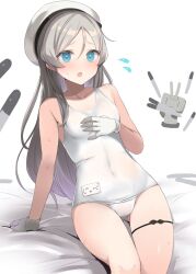 Rule 34 | 1girl, arm support, bare arms, bare shoulders, beret, blue eyes, blush, feet out of frame, gloves, grey hair, hat, javelin (kancolle), kantai collection, long hair, one-piece swimsuit, open mouth, rensouhou-chan, sailor hat, school swimsuit, see-through, shin (new), simple background, solo, swimsuit, wet, white background, white gloves, white hat, white one-piece swimsuit