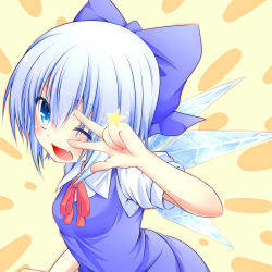 Rule 34 | 1girl, :d, blue eyes, blue hair, cirno, highres, ice, ice wings, matching hair/eyes, open mouth, smile, solo, star (symbol), touhou, v, wakagi repa, wings, wink
