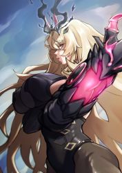 Rule 34 | 1girl, armor, bare shoulders, black dress, blonde hair, blue sky, breasts, brown pantyhose, crossed arms, dress, barghest (fate), barghest (second ascension) (fate), fate/grand order, fate (series), gauntlets, green eyes, highres, horns, large breasts, long hair, looking at viewer, muscular, muscular female, pantyhose, pauldrons, pelvic curtain, shoulder armor, sideboob, single gauntlet, single pauldron, sky, solo, thighs, toned, uso ashio