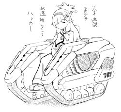 Rule 34 | 1girl, armored core, armored core 6, blue archive, crossover, halo, highres, himari (blue archive), military vehicle, monochrome, motor vehicle, sketch, tank, translation request, wheelchair