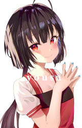 Rule 34 | 1girl, absurdres, ahoge, bilibili, blue nails, blush, breasts, brown hair, cleavage, collarbone, commentary request, dress, highres, lingyuan yousa, long hair, looking at viewer, nail polish, nijisanji, ponytail, red dress, red eyes, short sleeves, simple background, small breasts, smile, solo, virtual youtuber, virtuareal, white background, yamamimio