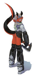 Rule 34 | 1girl, ass, axe, black gloves, black horns, black skirt, blue eyes, brown hair, colored skin, demon girl, demon horns, demon tail, dual wielding, gloves, gradient hair, green hair, highres, holding, holding axe, holding weapon, horns, jonpei, long hair, looking back, multicolored hair, original, pointy ears, red skin, shirt tucked in, simple background, skirt, smile, solo, standing, tail, teeth, weapon