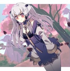 Rule 34 | 1girl, :t, alternate hairstyle, blush, commentary, cowboy shot, dress, eine (eine dx), fire emblem, fire emblem: three houses, grey pantyhose, highres, juliet sleeves, long hair, long sleeves, looking at viewer, lysithea von ordelia, nintendo, pantyhose, puffy sleeves, purple dress, purple eyes, short dress, silver hair, solo, standing, tree, twintails