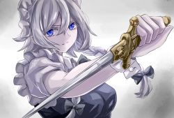 Rule 34 | 1girl, bad id, bad twitter id, blue dress, blue eyes, bow, bowtie, breasts, colored eyelashes, commentary request, dagger, dress, grey background, grey bow, grey bowtie, hair between eyes, hair bow, highres, holding, holding dagger, holding knife, holding weapon, izayoi sakuya, jan (lightdragoon), knife, light particles, light smile, looking at viewer, maid, maid headdress, medium breasts, puffy short sleeves, puffy sleeves, reverse grip, shirt, short hair, short sleeves, silver hair, solo, touhou, upper body, weapon, white shirt