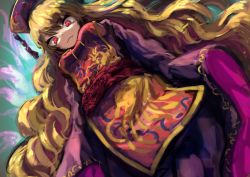 Rule 34 | 1girl, berabou, black dress, blonde hair, chinese clothes, dress, gradient background, hat, junko (touhou), long hair, long sleeves, red eyes, sash, smile, solo, tabard, touhou, very long hair, wide sleeves
