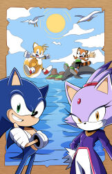 Rule 34 | 2boys, 2girls, animal ears, bird, blaze the cat, brown fur, cat ears, cat girl, crossed arms, dolphin, fox boy, fox ears, fox tail, furry, furry female, furry male, gloves, green eyes, highres, island, jacket, looking at viewer, marine the raccoon, multiple boys, multiple girls, ocean, pants, purple fur, purple jacket, raccoon ears, raccoon girl, raccoon tail, seagull, smile, smirk, sonic (series), sonic rush adventure, sonic the hedgehog, staticblu, tail, tails (sonic), water, white gloves, white pants, yellow eyes
