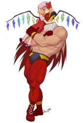 Rule 34 | 1boy, 1girl, absurdres, ankle boots, arms around neck, bare pectorals, blonde hair, blush, boots, bow, carrying, carrying over shoulder, crossed arms, crossover, crystal, dated, demon wings, dress, fatal fury, flandre scarlet, full body, garou: mark of the wolves, griffon mask, hand on another&#039;s leg, hat, hetero, highres, holding legs, hug, lilirulu, luchador, m.u.g.e.n, mask, mob cap, muscular, on shoulder, pectorals, red dress, red eyes, red footwear, ribbon, shoelaces, side ponytail, signature, simple background, sitting on shoulder, size difference, smile, snk, spandex, the king of fighters, the king of fighters 2003, the king of fighters xi, topless male, touhou, vampire, white background, wings, wrestler, wrestling mask, wrestling outfit