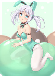 Rule 34 | animal ears, aqua eyes, aqua leotard, blush, bow, bowtie, breasts, chocomint bunny (sasaame), cleavage, fake animal ears, full body, highres, leotard, looking at viewer, medium breasts, original, pantyhose, playboy bunny, rabbit tail, sasaame, straddling, strapless, strapless leotard, striped bow, striped bowtie, striped clothes, tail, twintails, white hair, white pantyhose, wrist cuffs