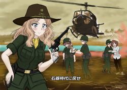 Rule 34 | 5girls, absurdres, aircraft, alisa (girls und panzer), ammunition pouch, apocalypse now, assault rifle, blonde hair, boko (girls und panzer), brown hair, cowboy hat, girls und panzer, gun, handgun, hat, helicopter, helmet, helmet-chan (girls und panzer), highres, jungle, kay (girls und panzer), lieutenant colonel william kilgore, m16, m16a1, military, military uniform, multiple girls, naomi (girls und panzer), nature, nishizumi miho, pants, pants tucked in, porotto yontouhei, pouch, revolver, rifle, river, scarf, straw hat, subtitled, uh-1 iroquois, uniform, vietnamese clothes, weapon