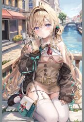 Rule 34 | 1girl, :3, absurdres, bag, bare shoulders, belt, black jacket, blonde hair, breasts, brown dress, bubble tea, canal, closed mouth, collared dress, cup, day, disposable cup, dress, frills, garter straps, hair ornament, hair rings, hairband, hairclip, highres, holding, jacket, letterboxed, long hair, long sleeves, looking at viewer, mary janes, medium breasts, momoko (momopoco), nail polish, necktie, off shoulder, open clothes, open jacket, original, outdoors, purple eyes, scan, seiza, shoes, short dress, short necktie, shoulder bag, sitting, sleeveless, sleeveless dress, smile, solo, thighhighs, venice, very long hair, white thighhighs, x hair ornament, zettai ryouiki
