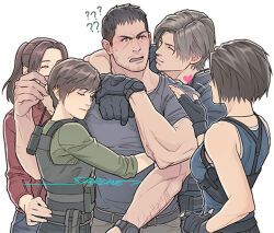 Rule 34 | 2boys, 3girls, ?, ??, arms around neck, bare shoulders, black gloves, black hair, black pants, blowing kiss, blue tank top, blush, breasts, brown hair, bulletproof vest, chest harness, chris redfield, claire redfield, closed mouth, facial hair, fingerless gloves, gloves, green shirt, grey pants, group hug, hand on another&#039;s waist, hand on own hip, harness, hug, jacket, jill valentine, leon s. kennedy, long hair, long sleeves, medium breasts, multiple boys, multiple girls, open mouth, pants, parted bangs, rebecca chambers, red jacket, resident evil, resident evil: vendetta, sardine (kjr0313), shirt, short hair, sleeves rolled up, sweatdrop, tank top, upper body, very short hair, white background
